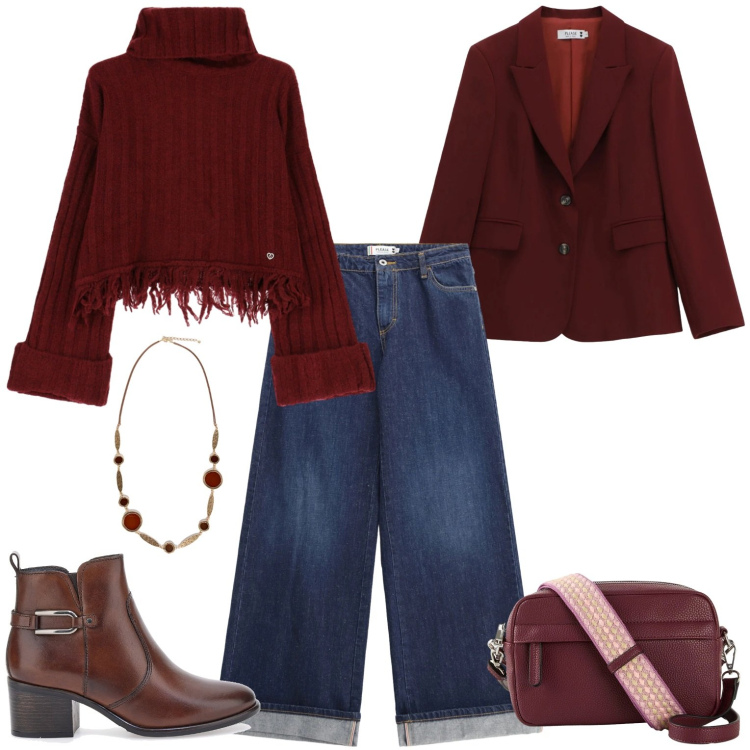 Outfit donna - Casual con stile. Stile Casual per Tutti i giorni. Abbinamento con borse a tracolla, collane, maglieria, blazer, jeans, stivaletti.