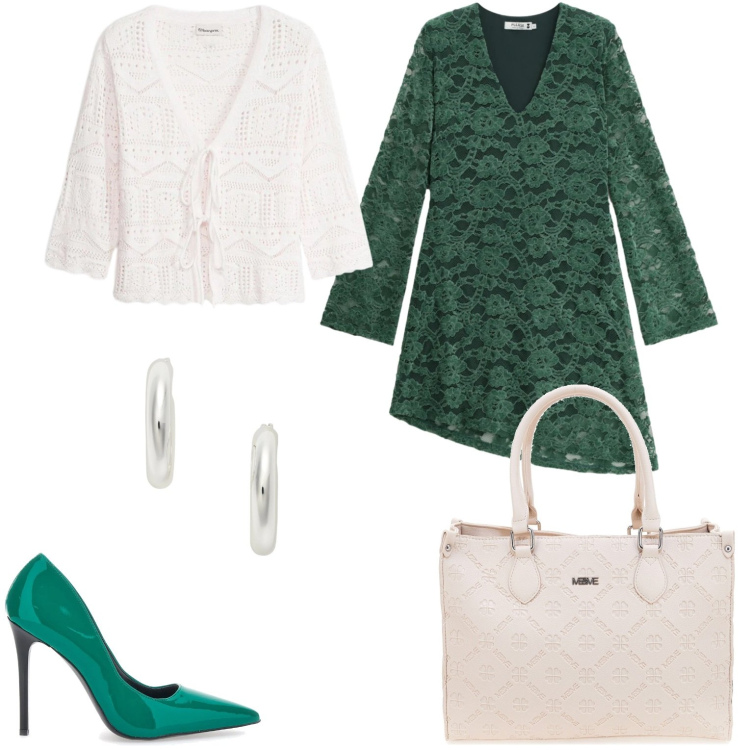 Outfit donna - Casual chic. Stile Casual chic per Tutti i giorni. Abbinamento con cardigans, vestiti corti, orecchini, décolleté, borse a tracolla.