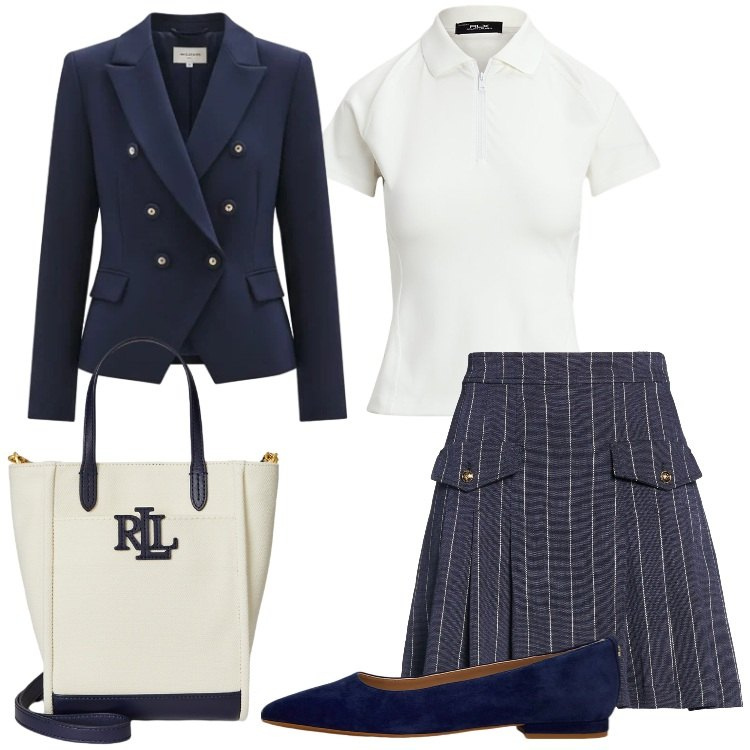 Outfit donna - Preppy in facoltà. Stile Preppy per Scuola/Università. Abbinamento con minigonne, blazer, ballerine, polo, borse tote.