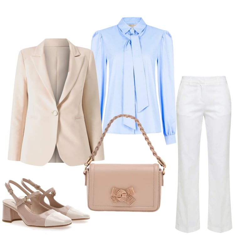Outfit donna - Eleganza Business Pastello. Stile Glamour per Tutti i giorni. Abbinamento con pantaloni, pochette, camicie, blazer, décolleté.