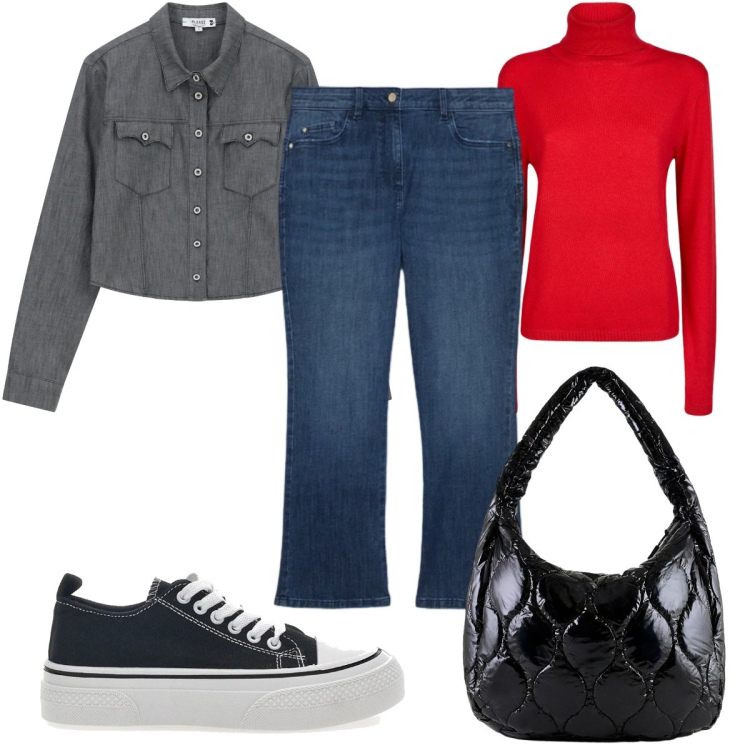 Outfit donna - Total look #2350930. Stile Basic per Tutti i giorni. Abbinamento con jeans dritti, camicie, borse tote, sneakers, maglieria.