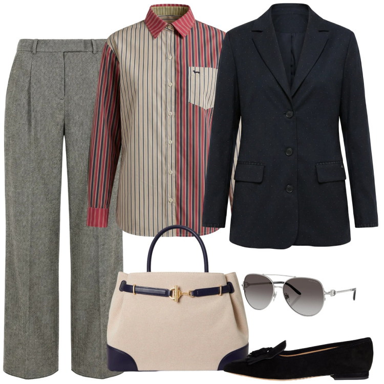 Outfit donna - Rigore \'90. Stile Mannish per Ufficio. Abbinamento con camicie, pantaloni, blazer, occhiali da sole, borse a mano, ballerine.