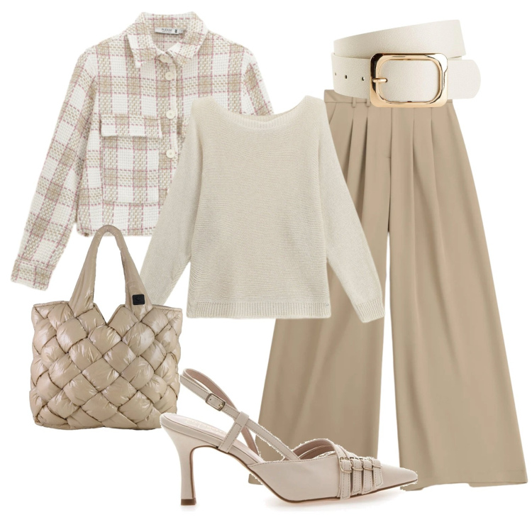 Outfit donna - Total look in beige. Stile Chic per Ufficio. Abbinamento con cinture, pantaloni a palazzo, maglieria, cappotti, borse tote, décolleté.