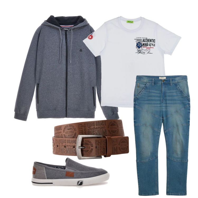 Outfit uomo - Marzo. Stile Casual per Tutti i giorni. Abbinamento con cinture, jeans dritti, sneakers, t-shirt, felpe con cappuccio.