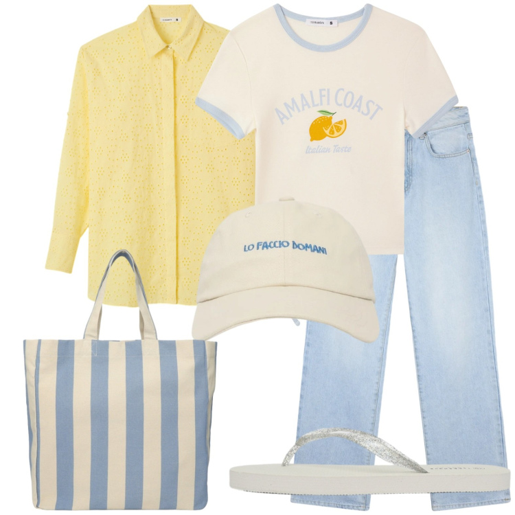 Outfit donna - Camicia gialla. Stile Casual per Mare. Abbinamento con shopping bag, t-shirt, camicie, cappelli con visiera, infradito, jeans dritti.