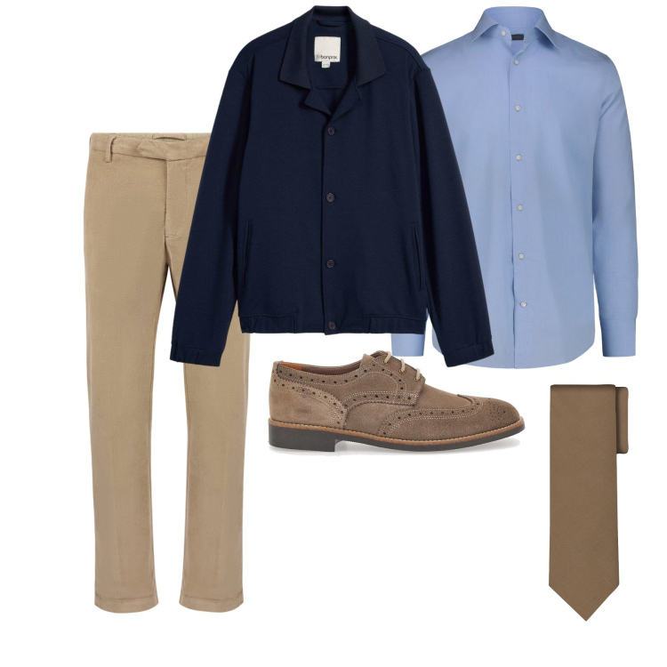 Outfit uomo - Marzo. Stile Casual per Tutti i giorni. Abbinamento con bomber, pantaloni, camicie, scarpe stringate, cravatte.