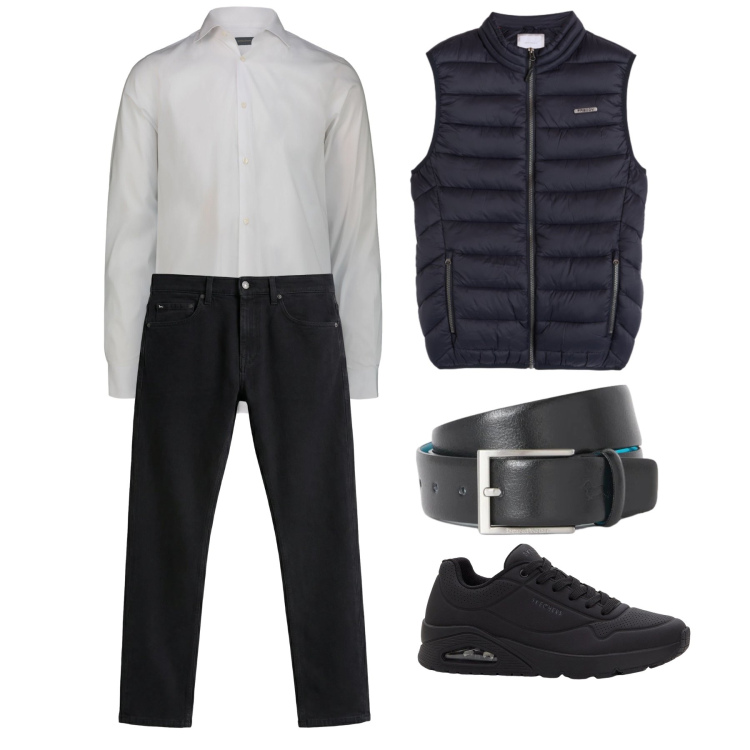 Outfit uomo - Marzo. Stile Trendy per Ufficio. Abbinamento con sneakers, jeans, cinture, piumini, camicie.
