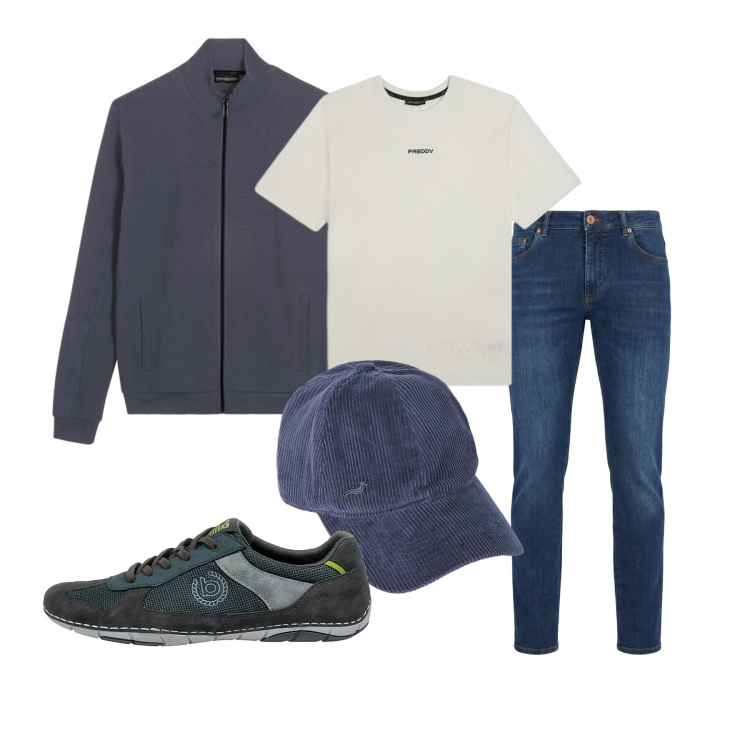 Outfit uomo - Marzo. Stile Casual per Tutti i giorni. Abbinamento con jeans, cappelli con visiera, t-shirt, felpe, sneakers.