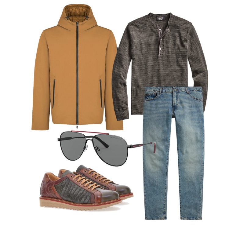 Outfit uomo - Marzo. Stile Trendy per Tutti i giorni. Abbinamento con parka, t-shirt, jeans, occhiali da sole, scarpe stringate.