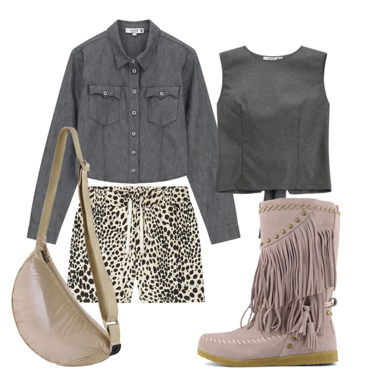 Outfit donna - Marzo. Stile Urban per Tutti i giorni. Abbinamento con pantaloni corti, camicie, top, borse sportive, stivali.