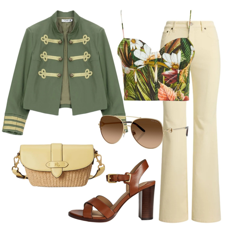 Outfit donna - Giacca con alamari. Stile Military per Tutti i giorni. Abbinamento con top, cappotti, sandali in pelle, occhiali da sole, pantaloni, borse a spalla.