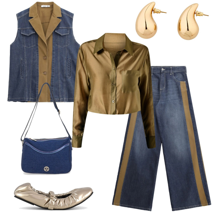 Outfit donna - Total look #2350961. Stile Casual chic per Tutti i giorni. Abbinamento con orecchini, jeans a zampa, gilet, camicie, ballerine, borse a tracolla.