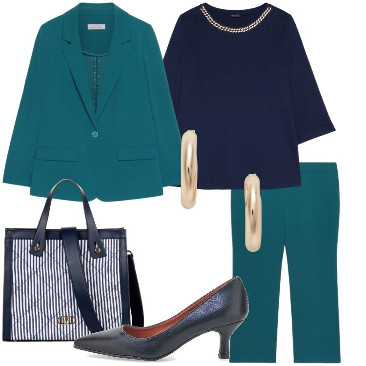 Outfit donna - Ottanio e blu. Stile Casual chic per Tutti i giorni. Abbinamento con pantaloni, blazer, bluse, shopping bag, orecchini, décolleté.