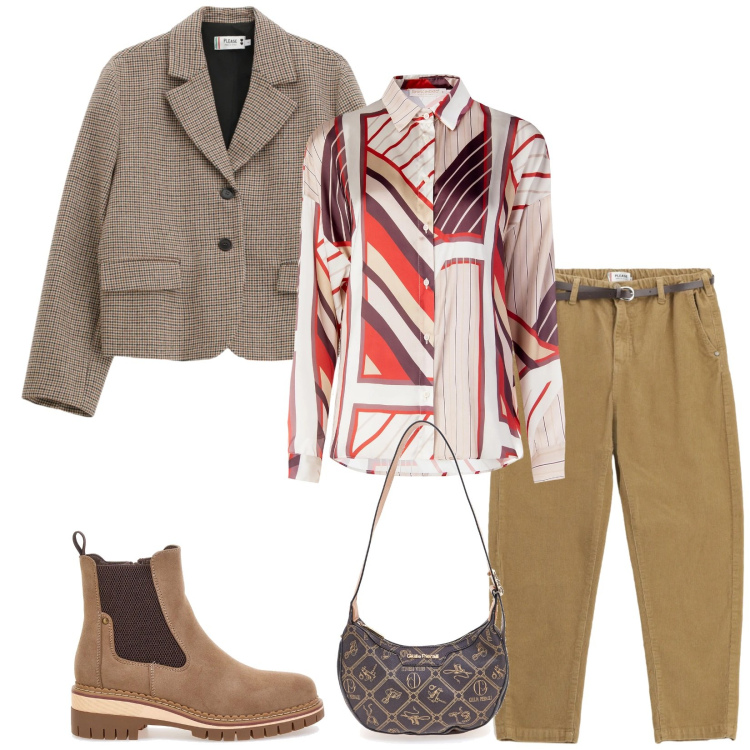 Outfit donna - Total look #2350963. Stile Casual chic per Tutti i giorni. Abbinamento con blazer, pantaloni chino, camicie, borse a tracolla, stivaletti chelsea.