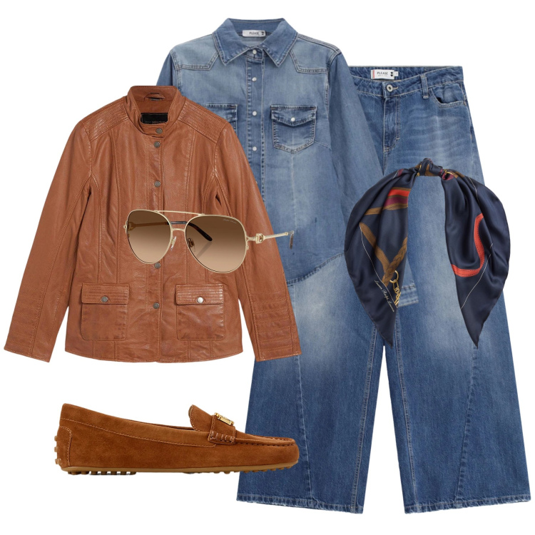 Outfit donna - Jeans & cognac. Stile Casual per Tutti i giorni. Abbinamento con blazer, jeans, camicie, mocassini, occhiali da sole, foulard.
