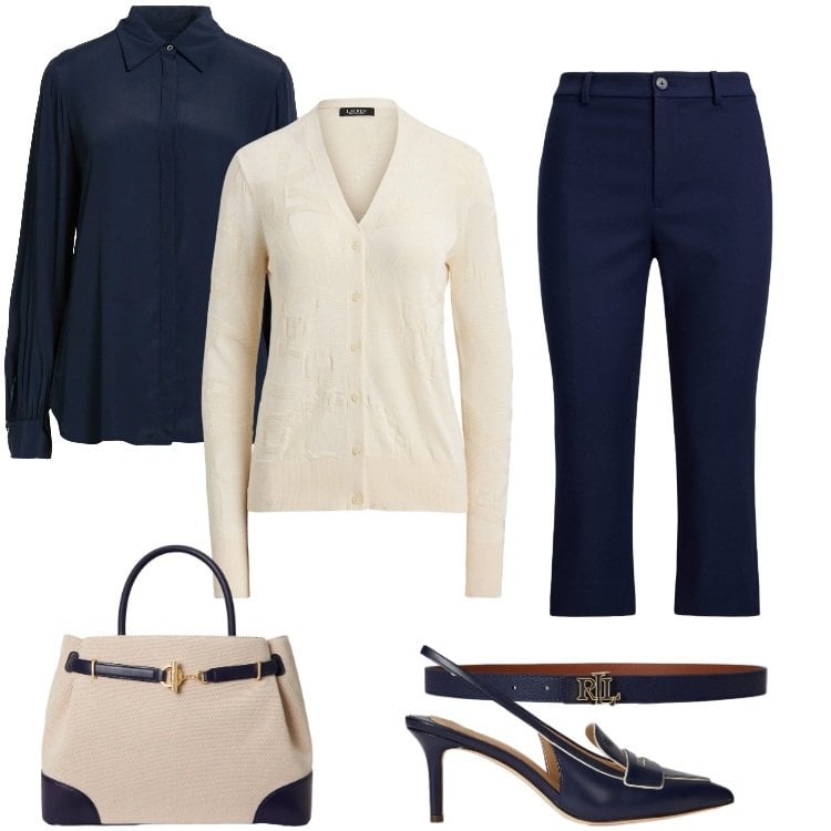 Outfit donna - Total look #2350965. Stile Sporty chic per Ufficio. Abbinamento con camicie, borse a mano, pantaloni, décolleté, cardigans, cinture.