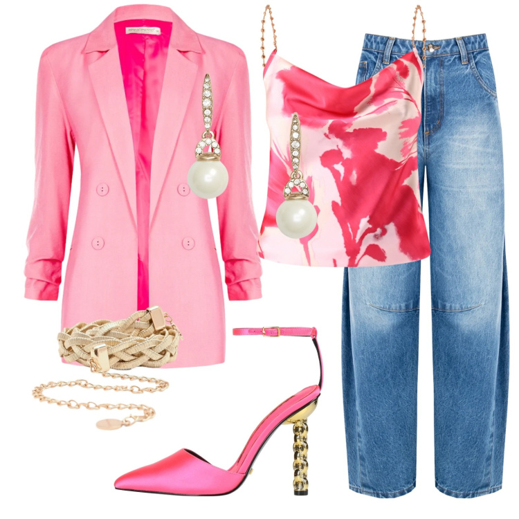 Outfit donna - Jeans e tacchi scultura oro. Stile Sexy per Serata fuori. Abbinamento con décolleté, blazer, cinture, canottiere, jeans, orecchini.