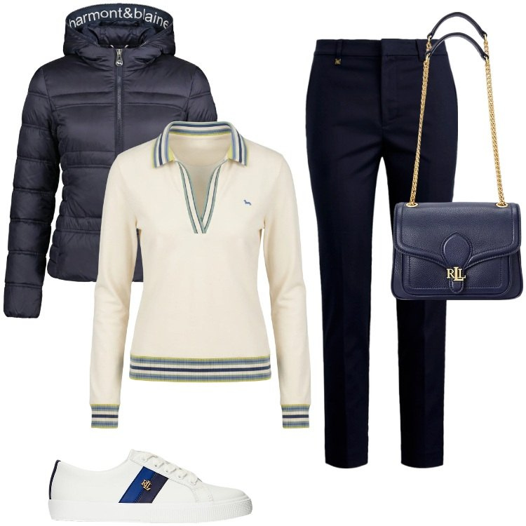 Outfit donna - Total look #2350968. Stile Sporty chic per Tutti i giorni. Abbinamento con polo, piumini, pantaloni, borse a spalla, sneakers.
