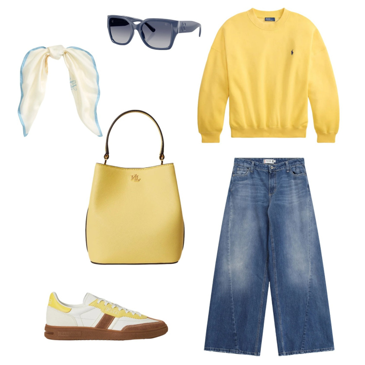 Outfit donna - Yellow style moderato. Stile Urban per Tutti i giorni. Abbinamento con jeans, felpe, borse a secchiello, sneakers, foulard, occhiali da sole.