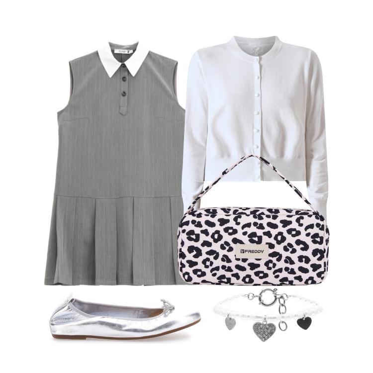 Outfit donna - Marzo. Stile Preppy per Tutti i giorni. Abbinamento con braccialetti, borse a spalla, vestiti corti, cardigans, ballerine.