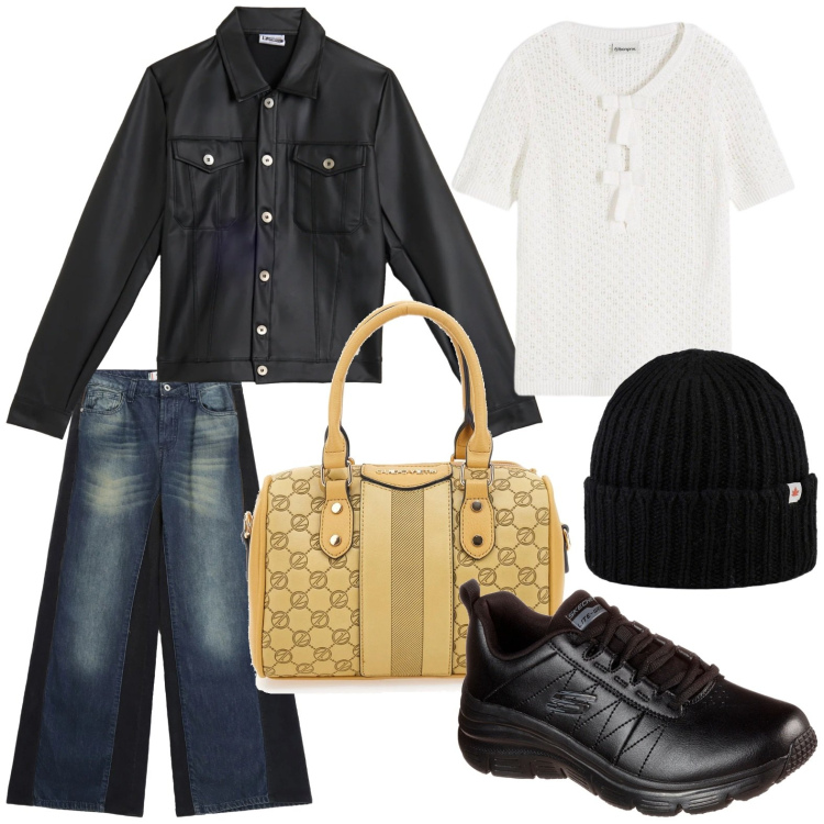 Outfit donna - Jeans urban. Stile Urban per Tutti i giorni. Abbinamento con t-shirt, giacche, jeans a zampa, berretti, borse a spalla, sneakers.