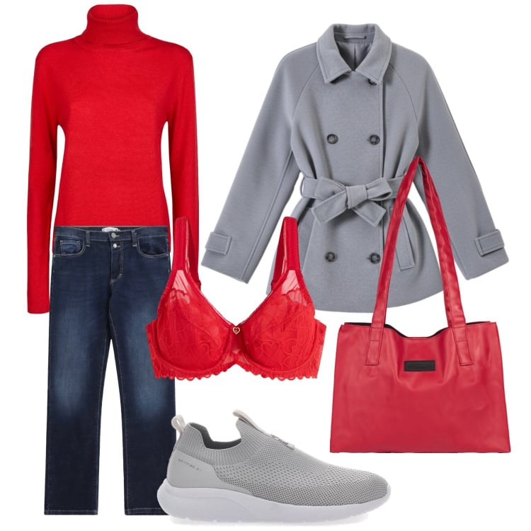 Outfit donna - Total look #2350978. Stile Casual per Tutti i giorni. Abbinamento con reggiseni, jeans dritti, caban, shopping bag, maglieria, sneakers.