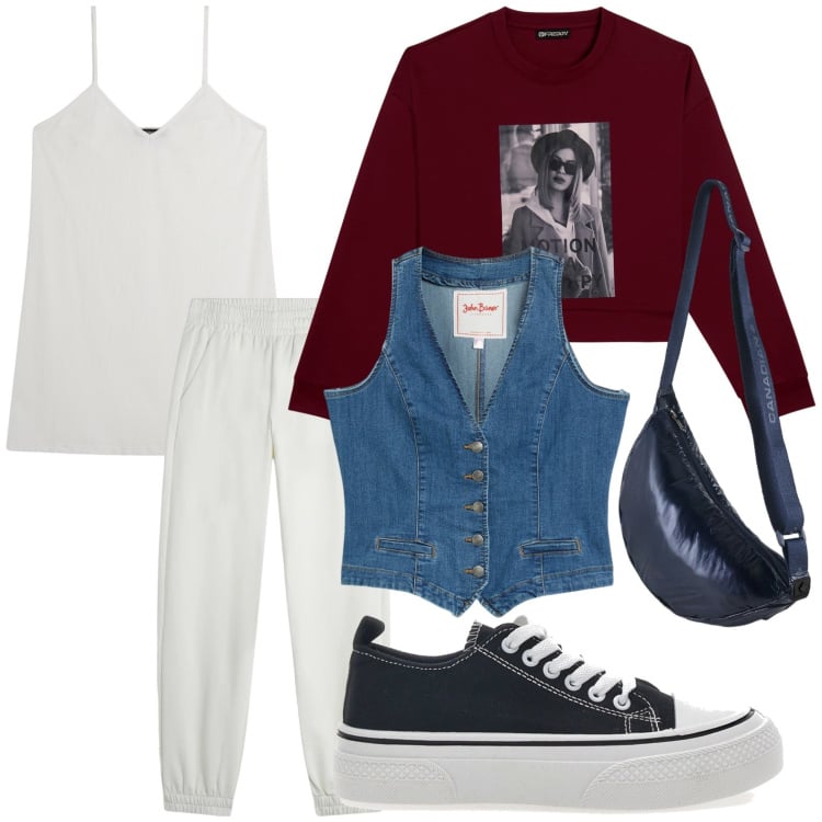 Outfit donna - Il gilet versatile. Stile Minimal per Tutti i giorni. Abbinamento con gilet, vestiti corti, felpe, pantaloni, borse a tracolla, sneakers.