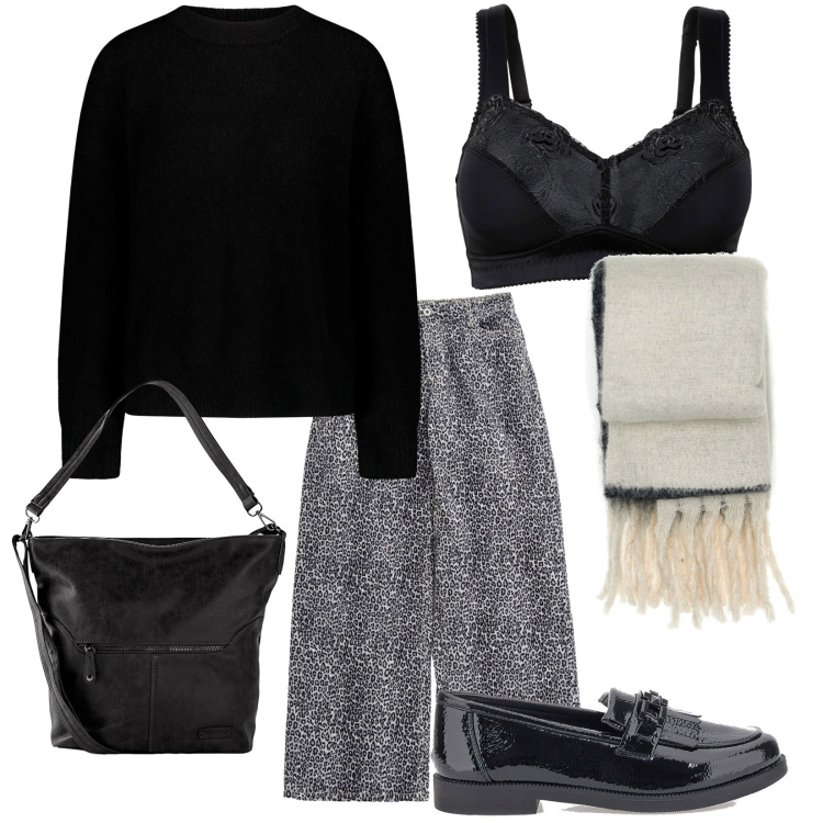 Outfit donna - At work. Stile Casual per Ufficio. Abbinamento con borse a spalla, reggiseni, pantaloni, mocassini, maglieria, sciarpe.