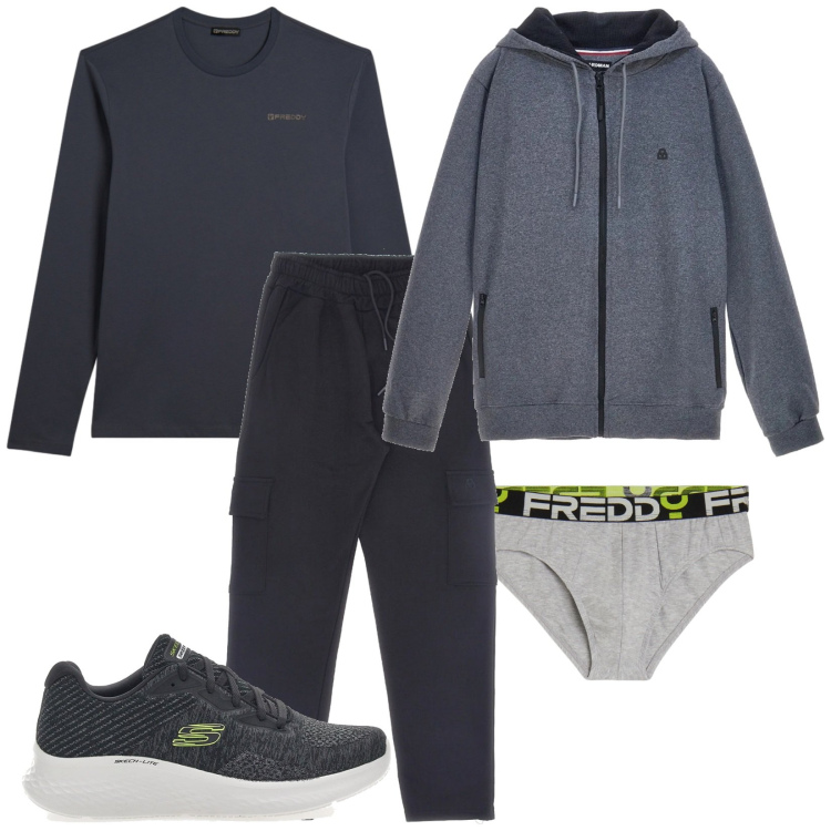Outfit uomo - Al parco. Stile Casual per Tutti i giorni. Abbinamento con slip, t-shirt, sneakers, felpe con cappuccio, pantaloni cargo.
