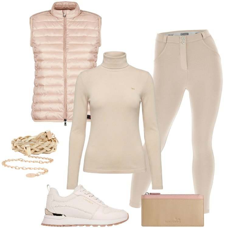 Outfit donna - Total look #2350983. Stile Sporty chic per Tutti i giorni. Abbinamento con maglieria, portafogli, pantaloni skinny, cinture, piumini, sneakers.