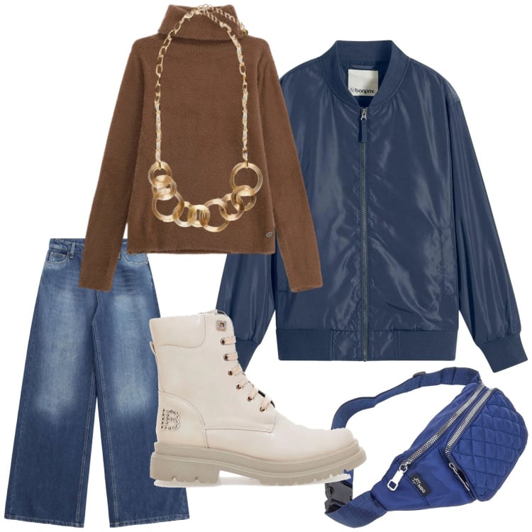 Outfit donna - Jeans e marsupio. Stile Minimal per Tutti i giorni. Abbinamento con bomber, collane, maglieria, jeans, anfibi, marsupi.