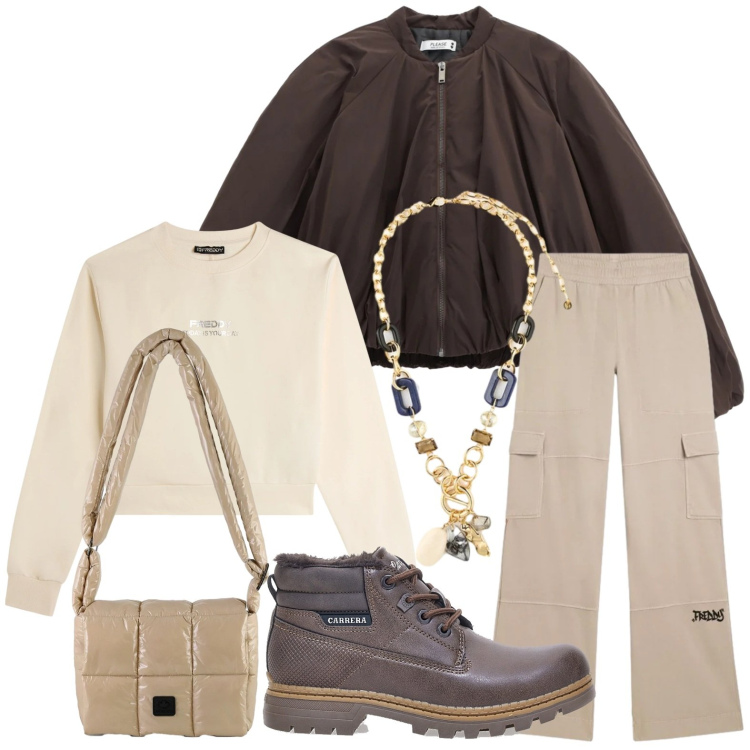 Outfit donna - Sportiva chic. Stile Minimal per Tutti i giorni. Abbinamento con collane, felpe, pantaloni cargo, cappotti, borse a spalla, stivaletti.