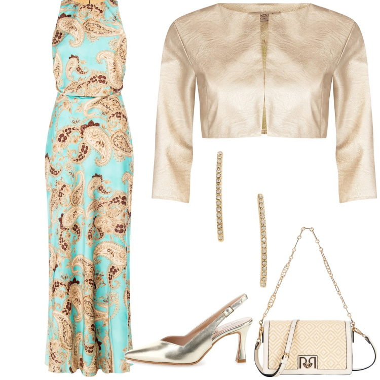 Outfit donna - Total look #2350988. Stile Glamour per Cerimonia. Abbinamento con bolero, vestiti lunghi, borse a tracolla, orecchini, décolleté.