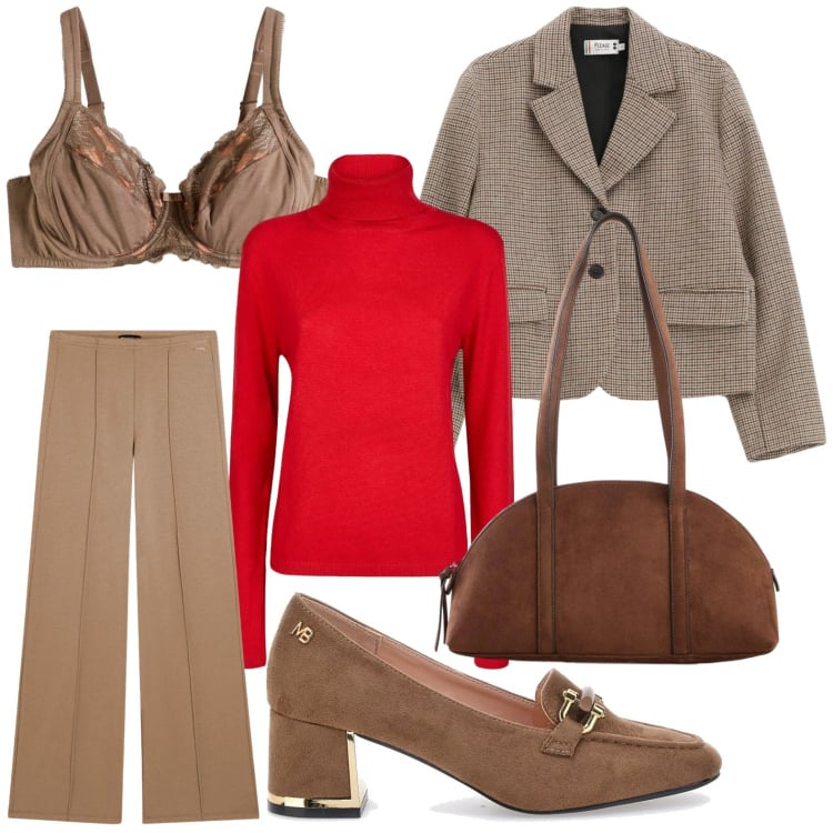 Outfit donna - Dettaglio rosso. Stile Casual per Ufficio. Abbinamento con reggiseni, borse a tracolla, blazer, pantaloni, mocassini, maglieria.