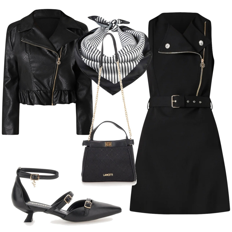 Outfit donna - Chiodo a primavera. Stile Rock per Serata fuori. Abbinamento con foulard, vestiti corti, giacche, borse a tracolla, décolleté.