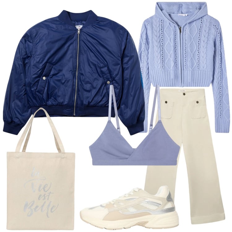 Outfit donna - Terranova Spring Starts. Stile Urban per Scuola/Università. Abbinamento con cardigans, borse tote, sneakers, reggiseni, jeans, bomber.