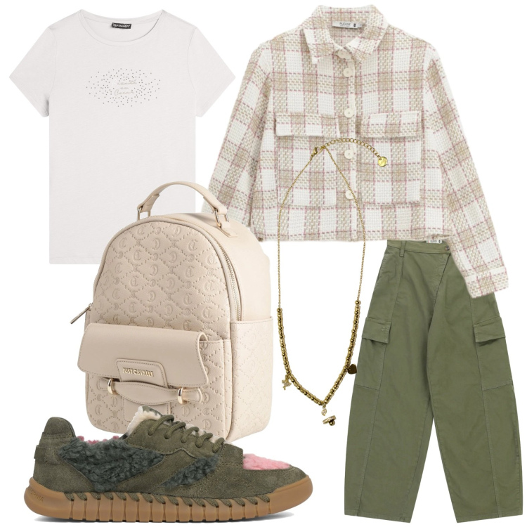 Outfit donna - Cargo military. Stile Minimal per Tutti i giorni. Abbinamento con zaini, t-shirt, ciondoli, cappotti, pantaloni cargo, sneakers.
