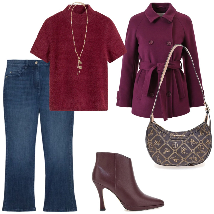 Outfit donna - Martedì. per Tutti i giorni. Abbinamento con maglieria, ciondoli, jeans dritti, caban, stivaletti, borse a tracolla.