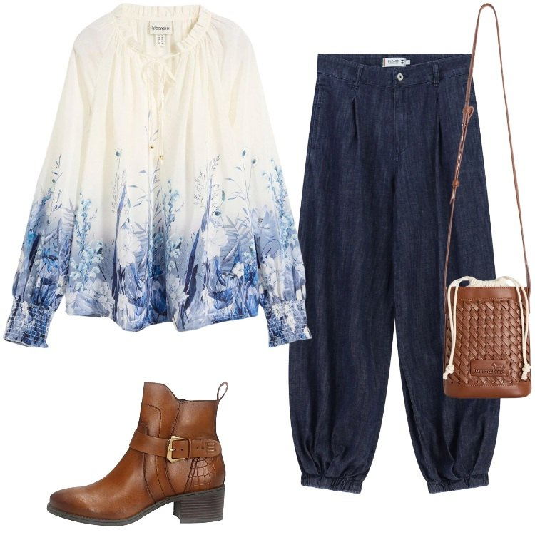 Outfit donna - Total look #2351000. Stile Boho per Tutti i giorni. Abbinamento con bluse, borse a secchiello, jeans, stivaletti.