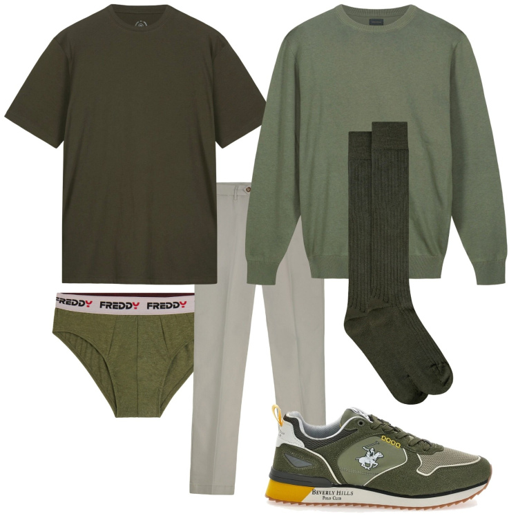 Outfit uomo - Marzo in verde. Stile Trendy per Tutti i giorni. Abbinamento con slip, t-shirt, sneakers, maglieria, calzini, pantaloni chino.