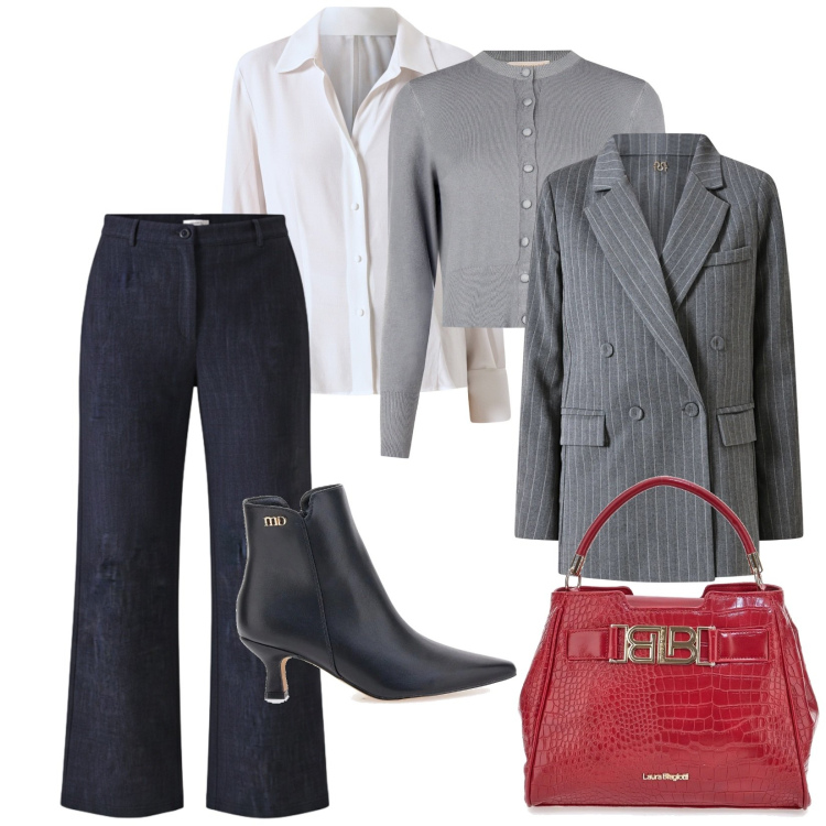 Outfit donna - A lavoro. per Ufficio. Abbinamento con jeans dritti, cardigans, blazer, camicie, stivaletti, borse a mano.