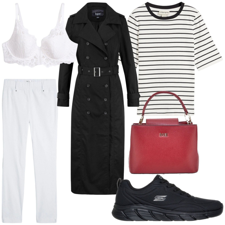 Outfit donna - Il trench lungo. Stile Minimal per Tutti i giorni. Abbinamento con pantaloni, trench, t-shirt, reggiseni, sneakers, borse a mano.