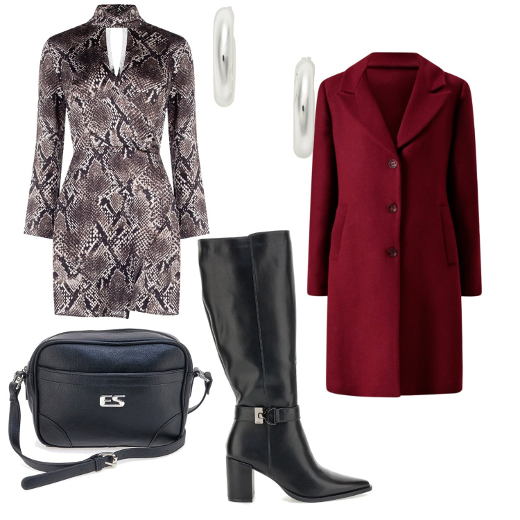 Outfit donna - Con amiche. per Serata fuori. Abbinamento con cappotti, vestiti corti, orecchini, borse a tracolla, stivali.