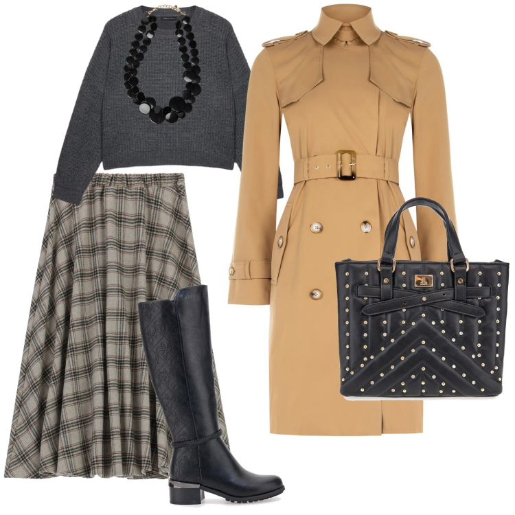 Outfit donna - Stagione dei trench. per Tutti i giorni. Abbinamento con collane, maglieria, gonne longuette, trench, borse a mano, stivali sopra il ginocchio.