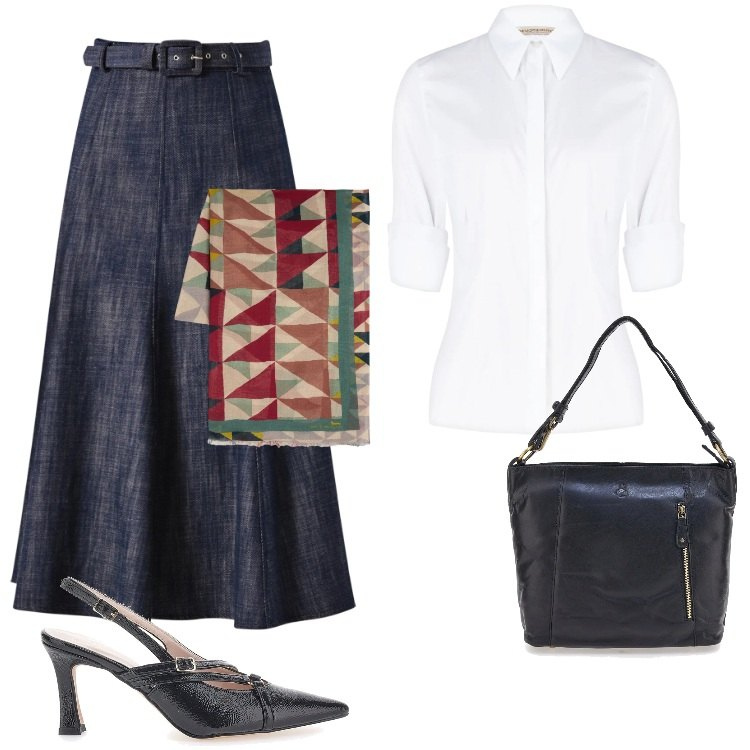 Outfit donna - Total look #2351007. Stile Sporty chic per Ufficio. Abbinamento con sciarpe, gonne longuette, camicie, décolleté, borse a spalla.