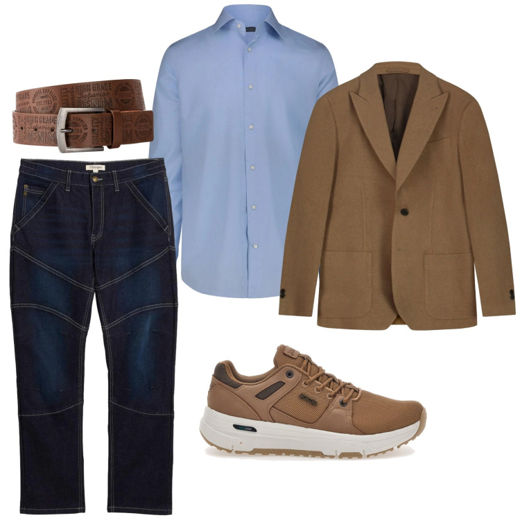 Outfit uomo - Leggerezza. per Ufficio. Abbinamento con cinture, jeans dritti, sneakers, camicie, giacche.