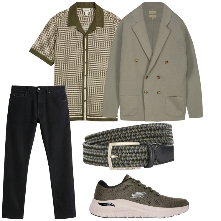 Outfit uomo - Sfumature di verde. per Ufficio. Abbinamento con camicie a manica corta, jeans, cinture, sneakers, cardigans.