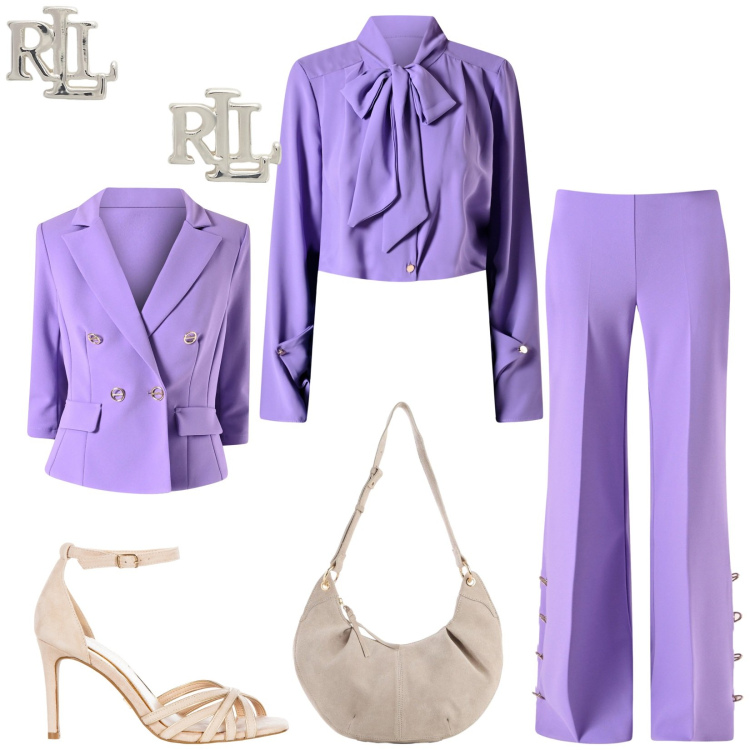 Outfit donna - Total look #2351022. Stile Bon Ton per Cerimonia. Abbinamento con borse a tracolla, pantaloni a palazzo, blazer, sandali col tacco, bluse, orecchini.
