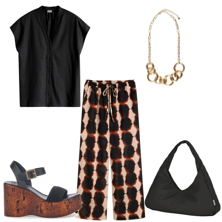 Outfit donna - Estate in black and brown. Stile Casual per Tutti i giorni. Abbinamento con pantaloni, camicie a manica corta, collane, borse a spalla, sandali in pelle.