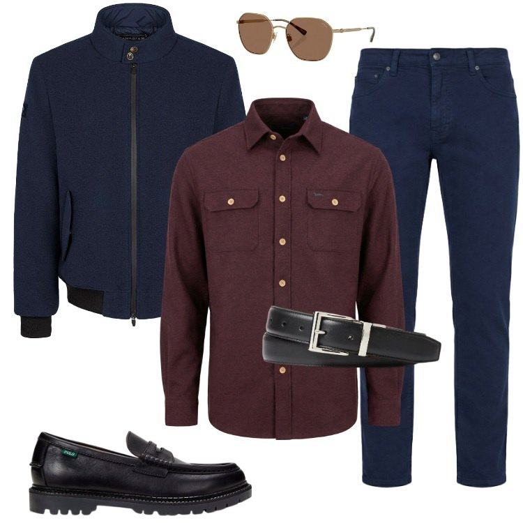Outfit uomo - Total look #2351043. Stile Urban per Tutti i giorni. Abbinamento con pantaloni, camicie, bomber, occhiali da sole, scarpe stringate, cinture.